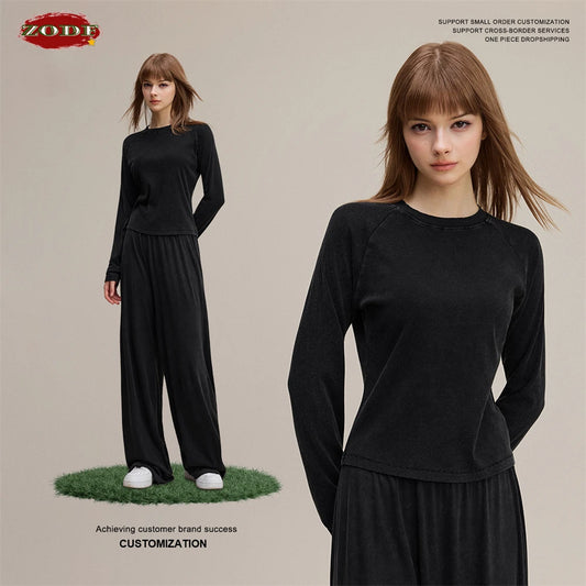 ZODF Sexy Autumn Washed 275gsm Full Sleeve T Shirt For Women Ladies Girls Slim Fit Distressed T-Shirts Tops HY1145