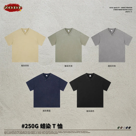 ZODF 2025 Men Summer 250gsm Batik Washed Cotton T-Shirts Retro Unisex Oversized V Neck Distressed T Shirt Brand Tees HY1067
