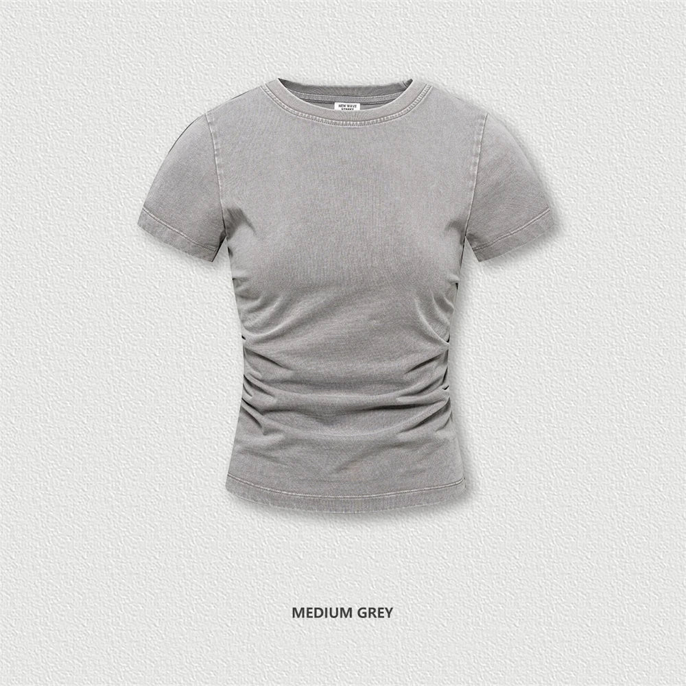 ZODF Retro 2025 Summer Women 285gsm Washed Distressed Slim Fit T-Shirt HY1013 - Mid Gray / S / China Mainland