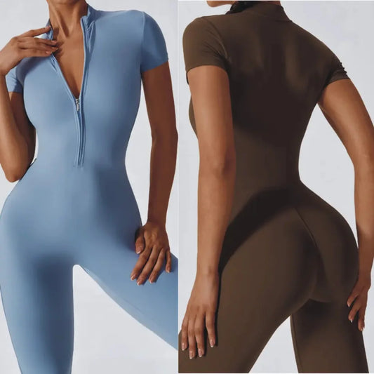 Naked Zipper Short Sleeve Women’s Yoga Jumpsuit Quick-Dry Breathable Tight-Fitting Fitness and Outdoor Sportswear