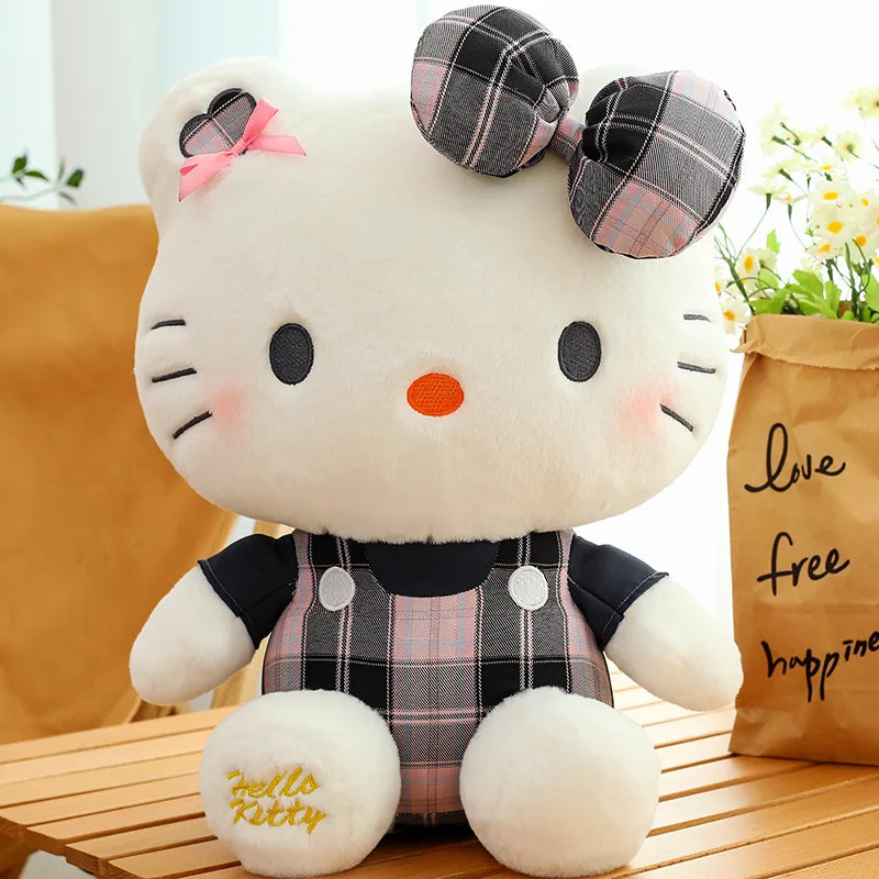Sanrio Hello Kitty Plush Toy Retro Plaid Skirt Kitty Doll Stuffed Animal Creative Gift for Kids Birthday Christmas Girls Pillow