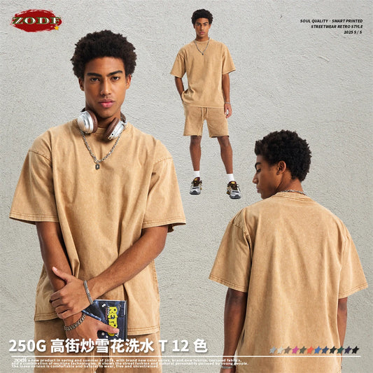 ZODF 2025 High Street Summer Washed Cotton T-Shirt Tees For Men Unisex Loose Retro Solid T Shirts Brand Tops HY0113
