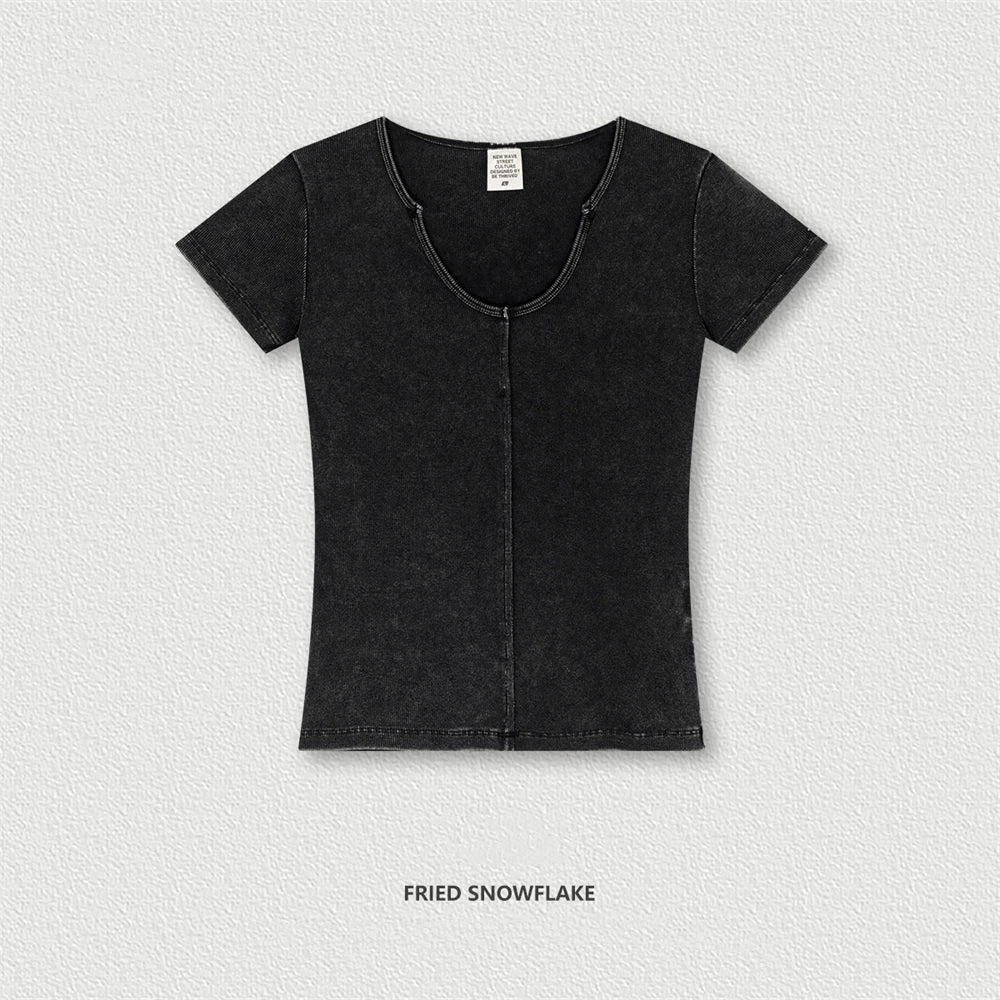 ZODF Women Retro 2025 Summer 275gsm U Collar Washed Slim Fit T-Shirt HY0992 - black / S / China Mainland