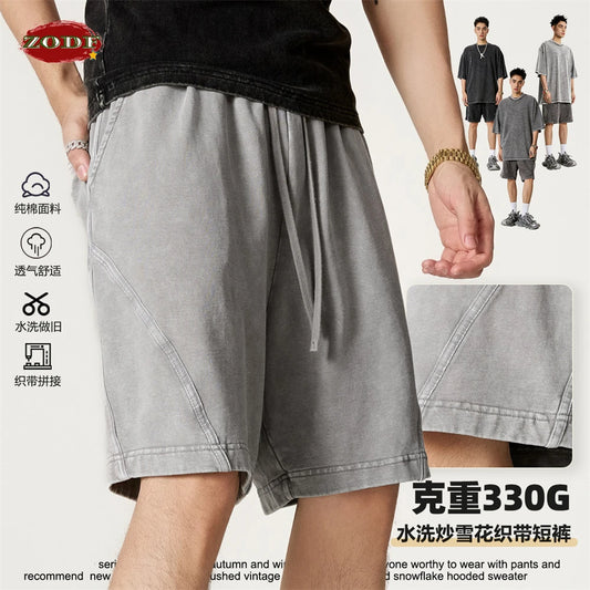 ZODF New Men Fire Snowflake Washed 330gsm Shorts Unisex High Street Summer Distressed Sport Cotton Shorts HY1028