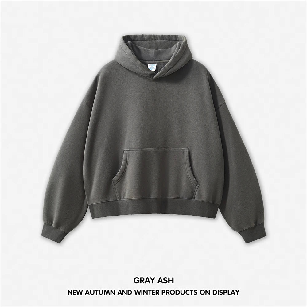ZODF 2025 Winter 350gsm Washed Fleece Unisex Loose Boxy Hoodie Pullover HY0041 - Dark Grey / S / China Mainland
