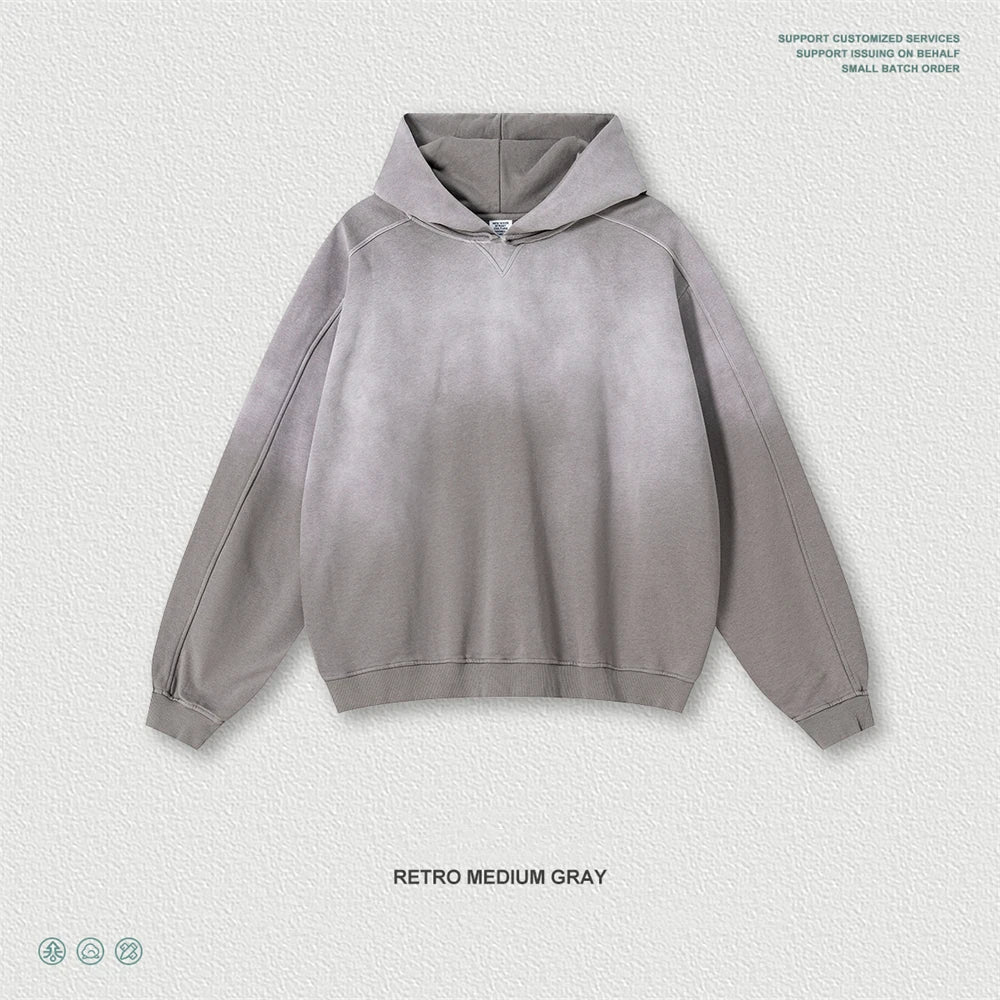 ZODF Retro Winter 370gsm 100% Cotton Oversized Off-Shoulder Hooded Pullover Hoodie Unisex HY1136 - GRAY / L / China