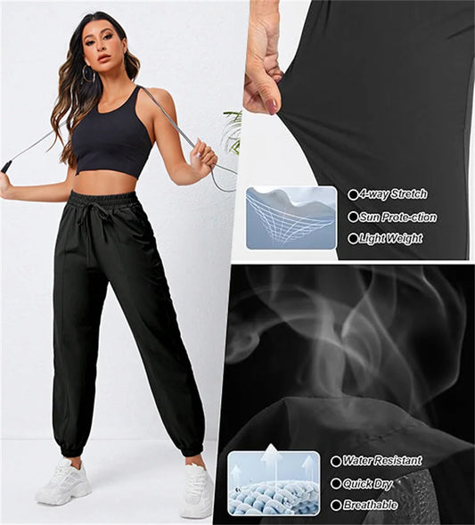 Women’s Loose Running and Fitness Pants with Side Pockets Ankle Tie Yoga Outdoor Casual Sports