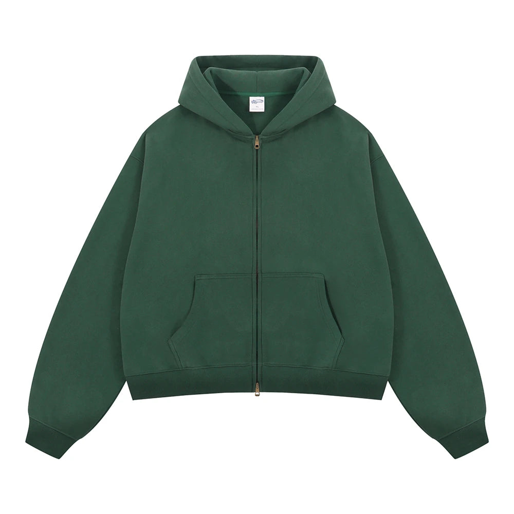ZODF Trendy 2025 Winter Unisex Solid Fleece Boxy Hoodies 350gsm Double Zipper Hooded Sweatshirt HY1122 - green / XXL