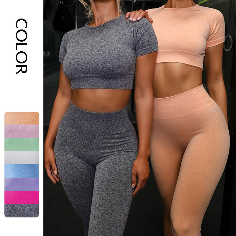 Seamless Yoga Sport Set for Women – Short Sleeve Top and Running Leggings Fitness Apparel