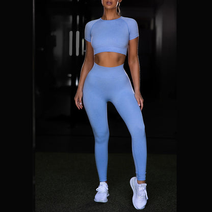 Seamless Yoga Sport Set for Women – Short Sleeve Top and Running Leggings Fitness Apparel - Blue / C / S