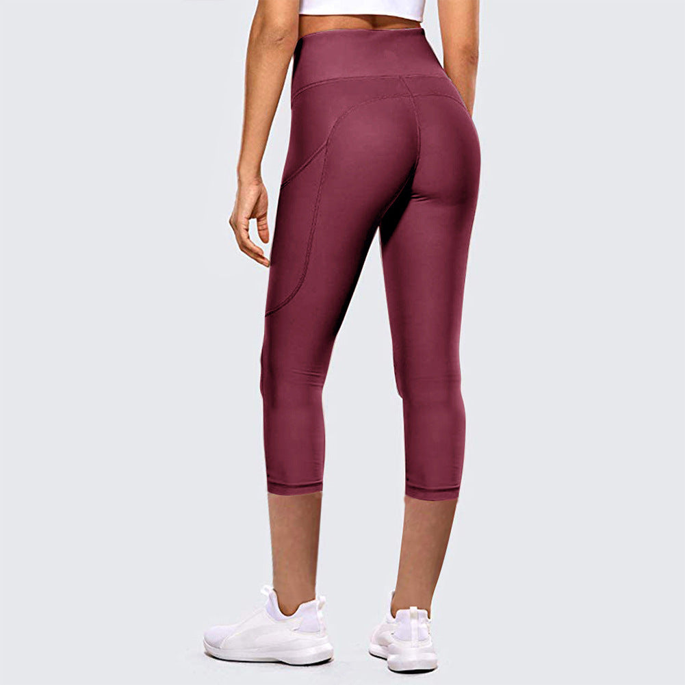 High-Waist Hip-Lifting Cropped Yoga Leggings for Women Outdoor Fitness Sports Pants - Burgundy / XS