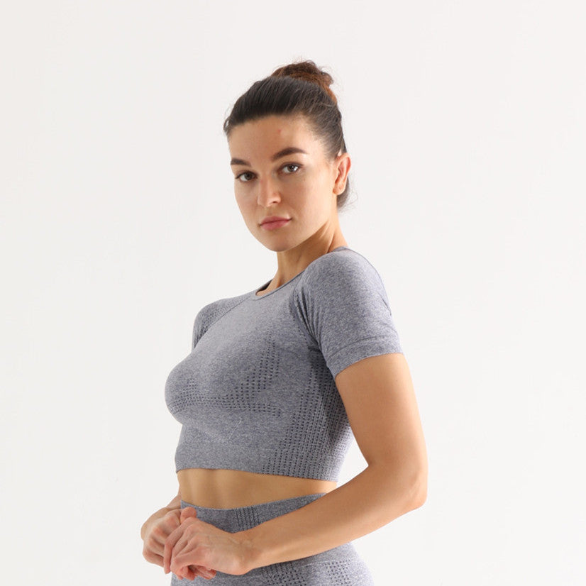 High Waist Yoga Pants and Sleeveless Fitness Suit Five-Piece Set - Gray short sleeve / L