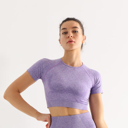 High Waist Yoga Pants and Sleeveless Fitness Suit Five-Piece Set - Purple short sleeve / L