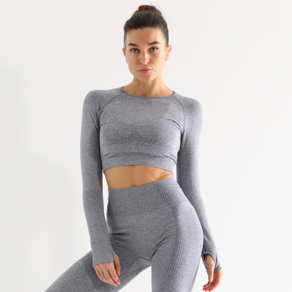 High Waist Yoga Pants and Sleeveless Fitness Suit Five-Piece Set - Gray long sleeve / L