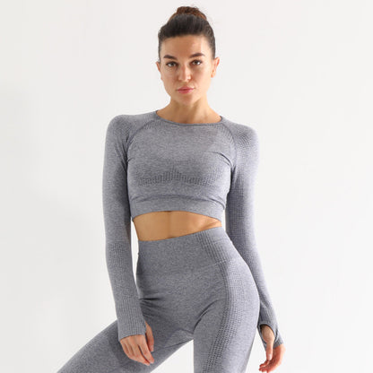 High Waist Yoga Pants and Sleeveless Fitness Suit Five-Piece Set - Gray long sleeve / L