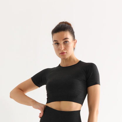 High Waist Yoga Pants and Sleeveless Fitness Suit Five-Piece Set - Black short sleeve / L
