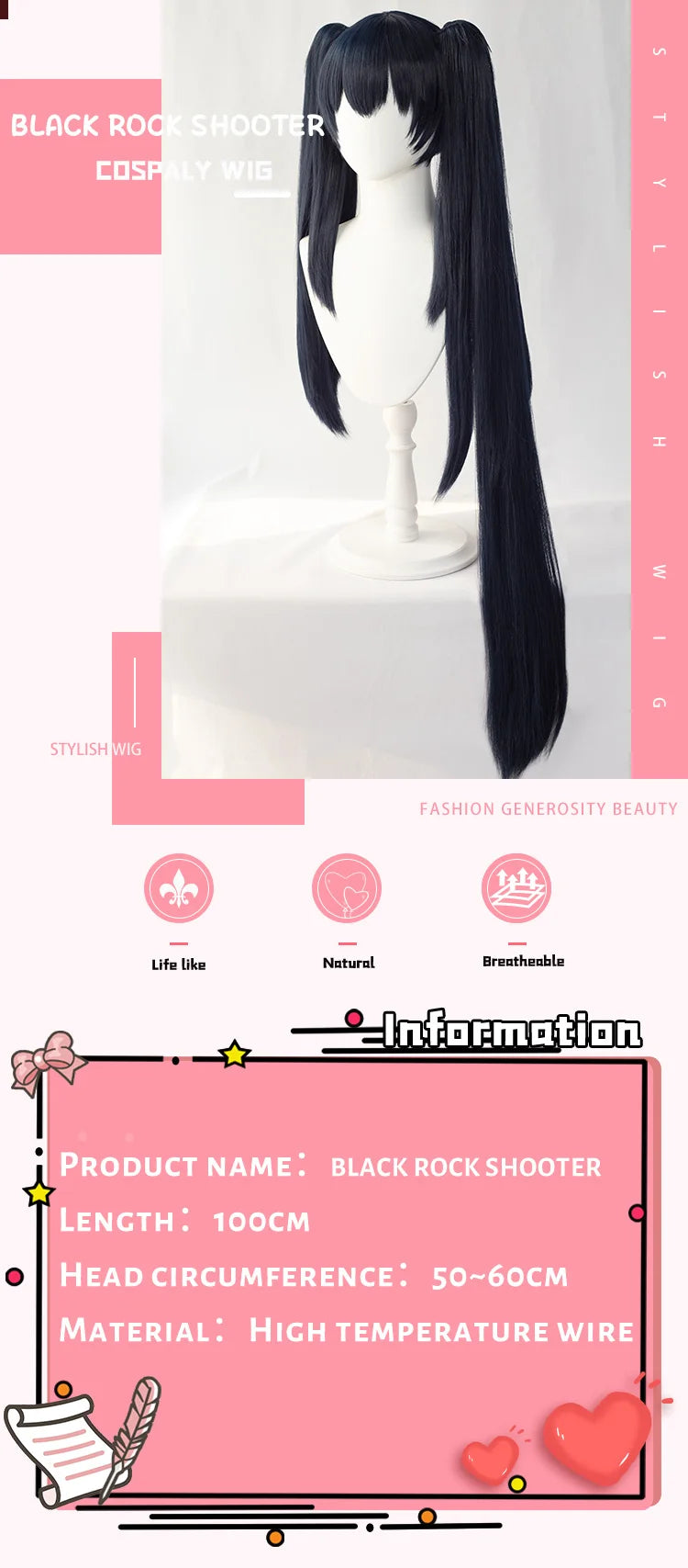 IN STOCK Black Rock Shooter Wig DokiDoki Black Rock Shooter Cosplay Wig Black Rock Shooter Black Two Ponytails Hair Christmas