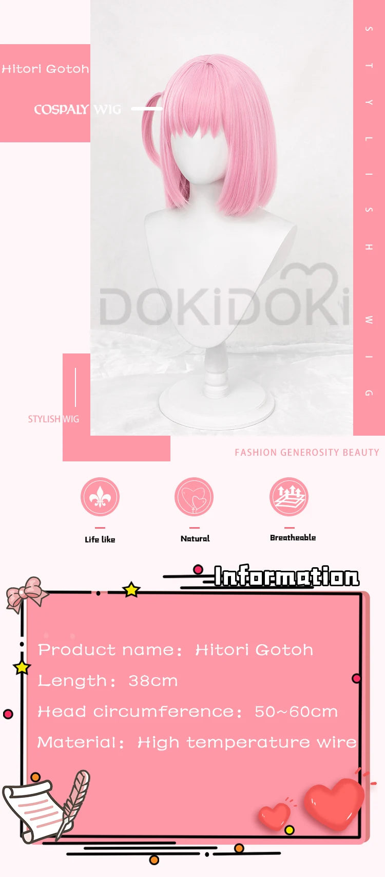 IN STOCK Gotou Hitori Wig Anime Bocchi the Rock! DokiDoki Cute Pink Short Hair Gotou Hitori Childhood Women Cosplay Wig