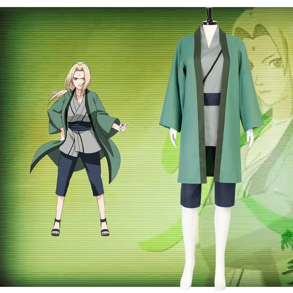 Naruto Tsunade Cosplay Costume Set Green Polyester Asian Size