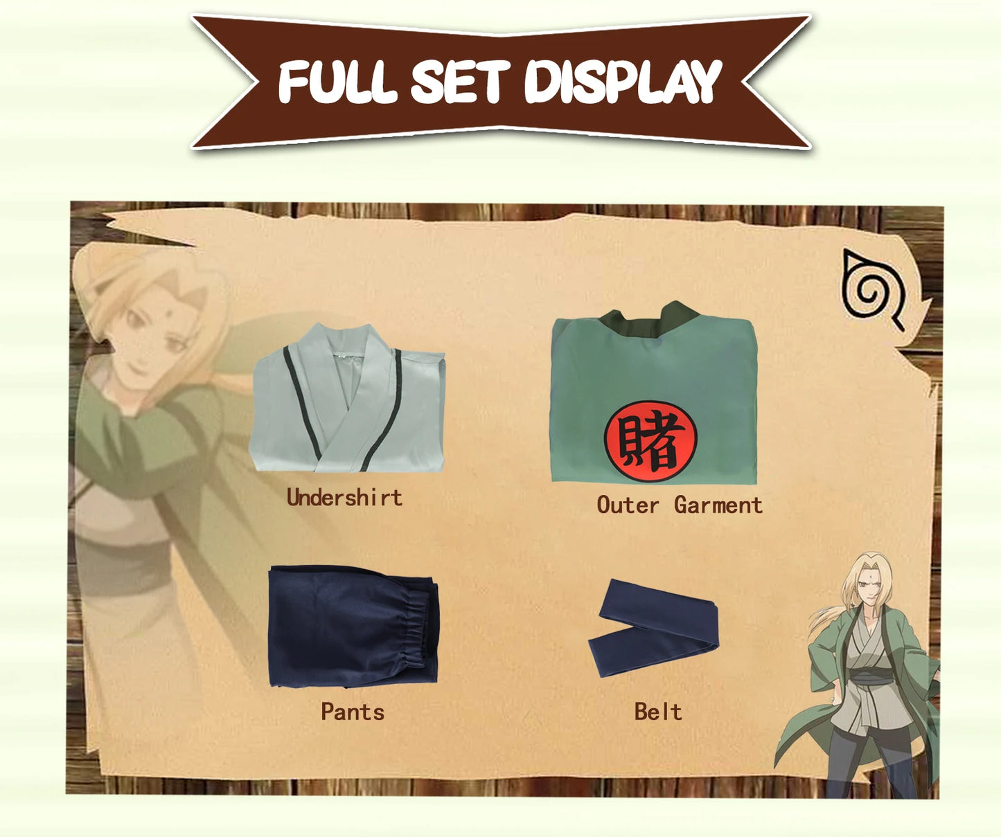Naruto Tsunade Cosplay Costume Set Green Polyester Asian Size