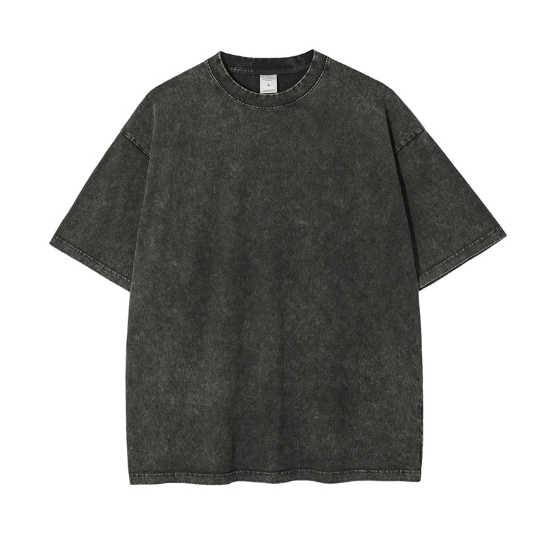 ZODF 2025 High Street Summer Washed Cotton Unisex Loose Retro Solid T-Shirt HY0113 - Dark Grey / L / China Mainland