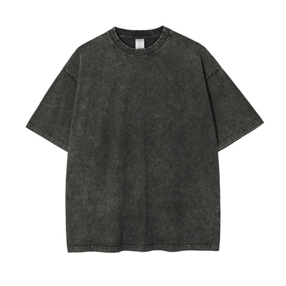 ZODF 2025 High Street Summer Washed Cotton Unisex Loose Retro Solid T-Shirt HY0113 - Dark Grey / L / China Mainland