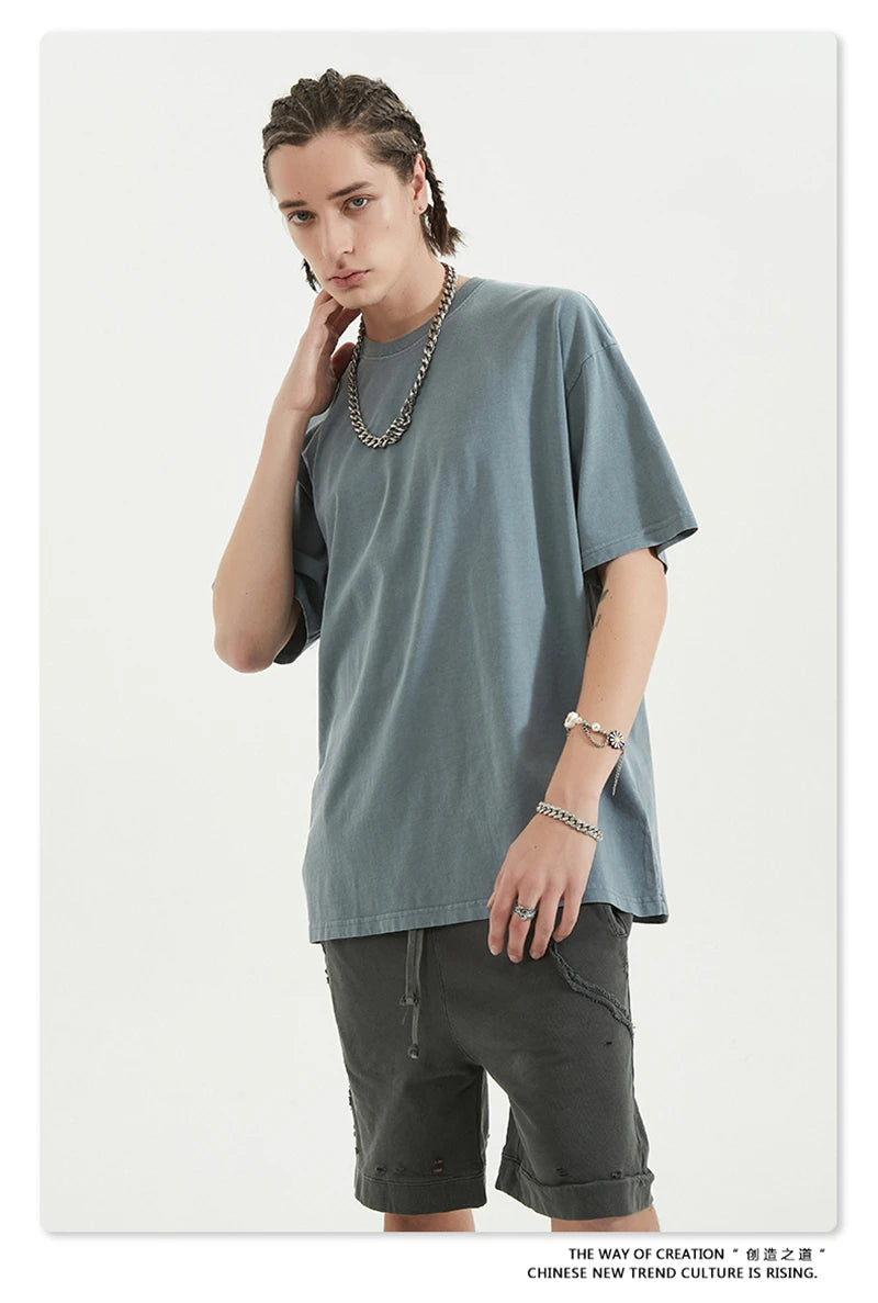 ZODF 2024 Summer Men 200gsm Washed Cotton Solid T Shirts Loose Unisex Male Casual Basic Comfortable T-Shirt Brand Tees HY0254