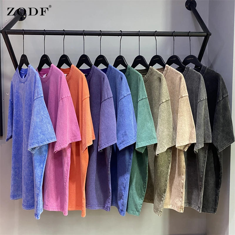ZODF 2025 High Street Summer Washed Cotton Unisex Loose Retro Solid T-Shirt HY0113
