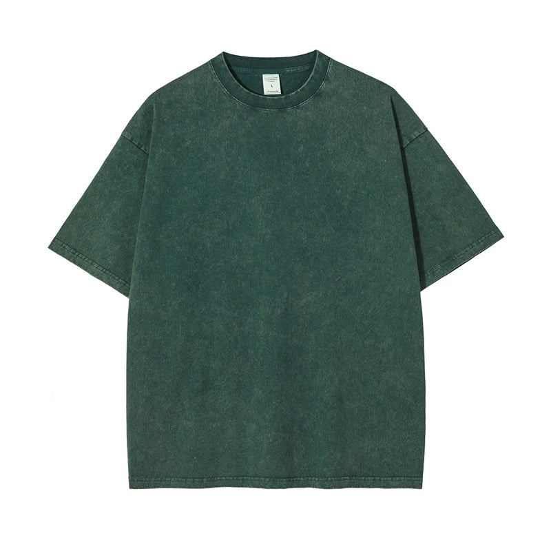 ZODF 2025 High Street Summer Washed Cotton Unisex Loose Retro Solid T-Shirt HY0113 - green / M / China Mainland