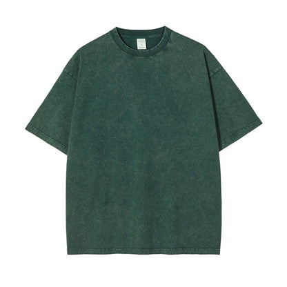 ZODF 2025 High Street Summer Washed Cotton Unisex Loose Retro Solid T-Shirt HY0113 - green / M / China Mainland