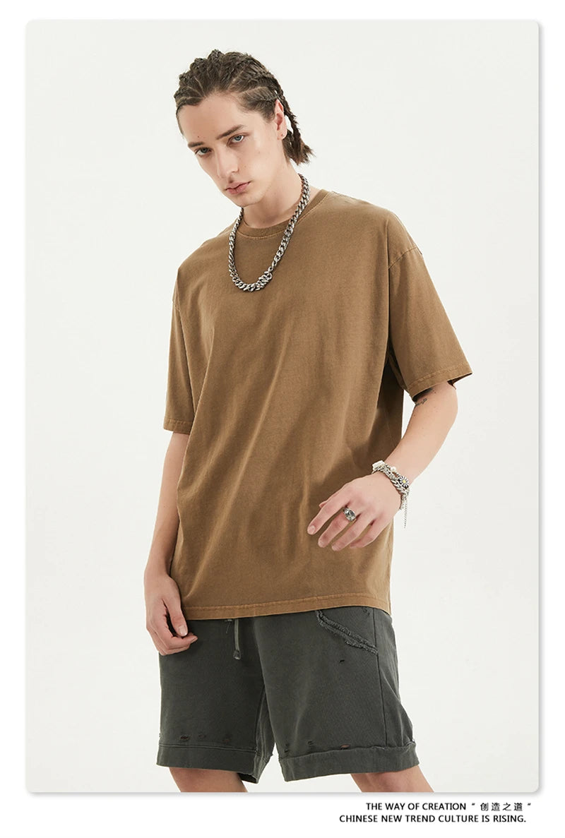 ZODF 2024 Summer Men 200gsm Washed Cotton Solid T Shirts Loose Unisex Male Casual Basic Comfortable T-Shirt Brand Tees HY0254