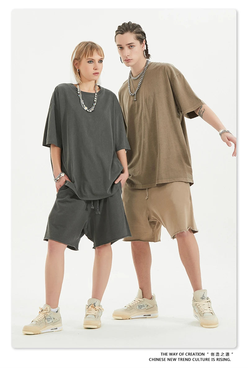 ZODF 2024 Summer Men 200gsm Washed Cotton Solid T Shirts Loose Unisex Male Casual Basic Comfortable T-Shirt Brand Tees HY0254