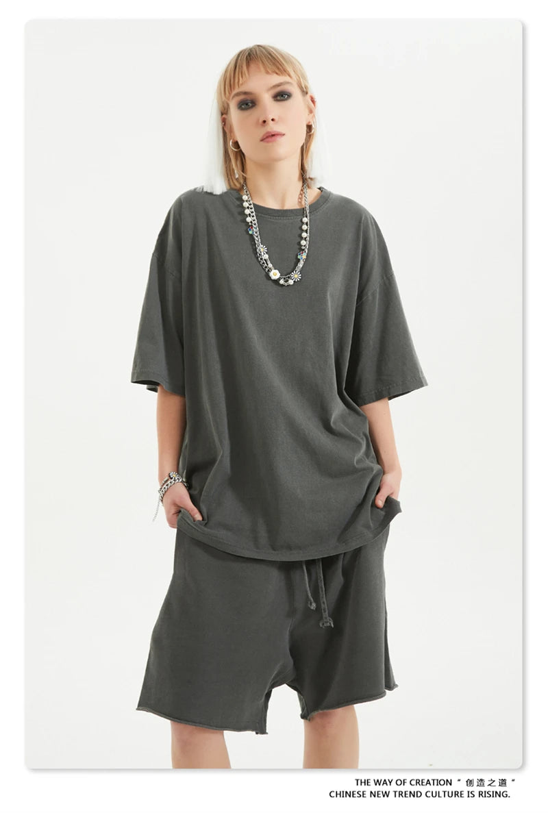 ZODF 2024 Summer Men 200gsm Washed Cotton Solid T Shirts Loose Unisex Male Casual Basic Comfortable T-Shirt Brand Tees HY0254