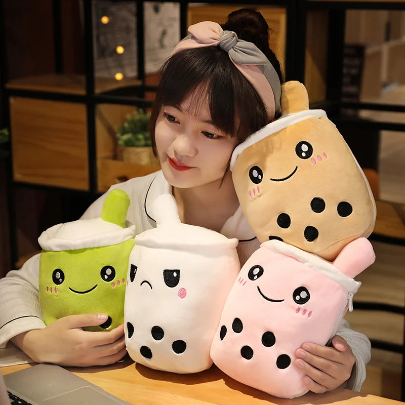 1pc Reversible Boba Plush Toys Double-Sided Bubble Tea Baby  Cuddly Doll Stuffed Two-sided Boba Milk Tea Toy Xmas Gifts for Kids