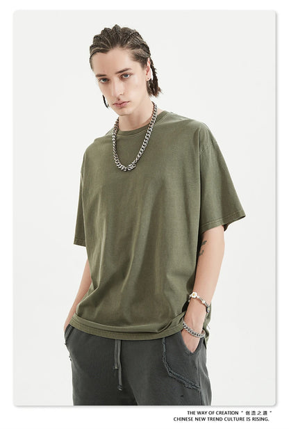 ZODF 2024 Summer Men 200gsm Washed Cotton Solid T Shirts Loose Unisex Male Casual Basic Comfortable T-Shirt Brand Tees HY0254