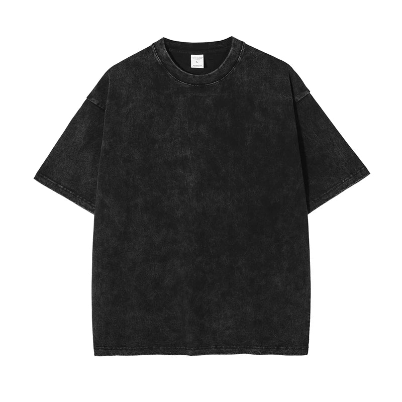 ZODF 2025 High Street Summer Washed Cotton Unisex Loose Retro Solid T-Shirt HY0113 - black / XXL / China Mainland