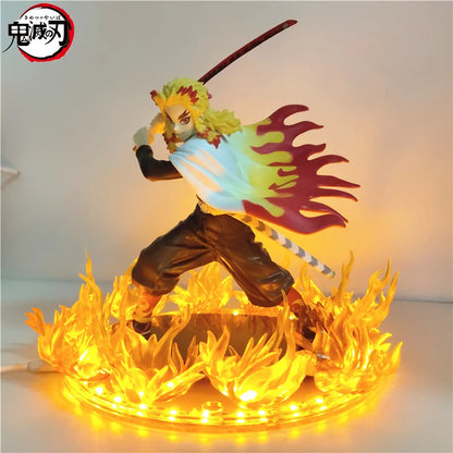 Anime Figures Demon Slayer Rengoku Kyoujurou Fire Led Scene DIY PVC Action Figure Toy 21cm Kimetsu no Yaiba Figurine Kids Doll