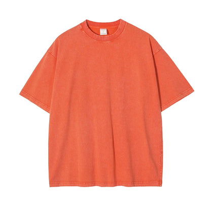 ZODF 2025 High Street Summer Washed Cotton Unisex Loose Retro Solid T-Shirt HY0113 - Orange / XL / China Mainland