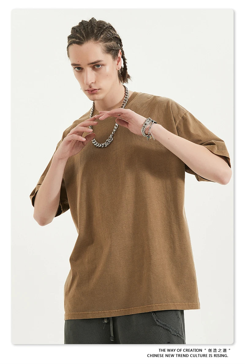 ZODF 2024 Summer Men 200gsm Washed Cotton Solid T Shirts Loose Unisex Male Casual Basic Comfortable T-Shirt Brand Tees HY0254