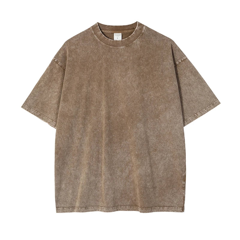 ZODF 2025 High Street Summer Washed Cotton Unisex Loose Retro Solid T-Shirt HY0113 - Khaki / XXL / China Mainland
