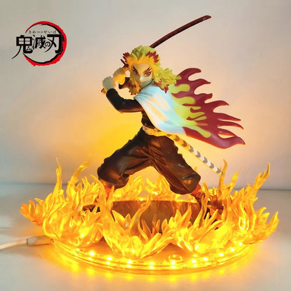 Anime Figures Demon Slayer Rengoku Kyoujurou Fire Led Scene DIY PVC Action Figure Toy 21cm Kimetsu no Yaiba Figurine Kids Doll
