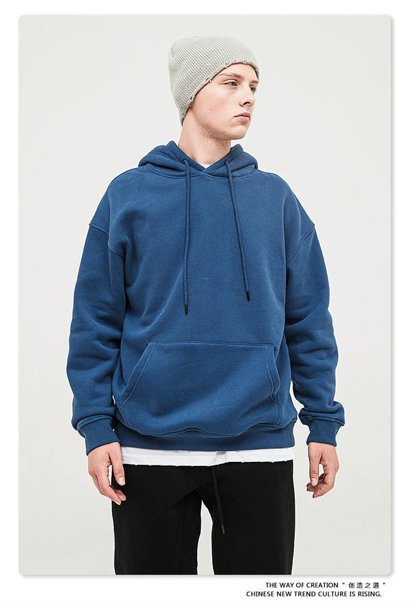 ZODF New Winter Men Basic Thick Fleece 345gsm Hoodies Casual Loose Hip Hop Unisex Hooded Sweatshirt Pullovers Tracksuits HY0010