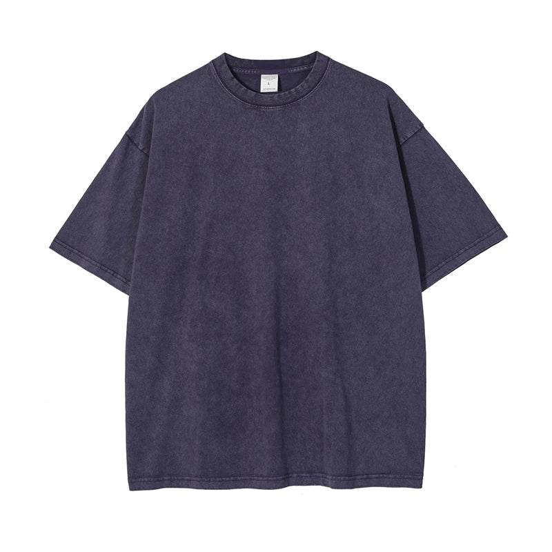 ZODF 2025 High Street Summer Washed Cotton Unisex Loose Retro Solid T-Shirt HY0113 - PURPLE / S / China Mainland