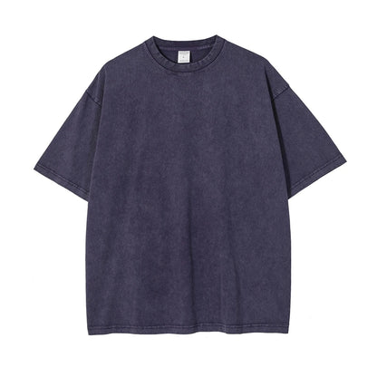 ZODF 2025 High Street Summer Washed Cotton Unisex Loose Retro Solid T-Shirt HY0113 - PURPLE / S / China Mainland