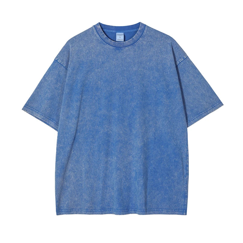 ZODF 2025 High Street Summer Washed Cotton Unisex Loose Retro Solid T-Shirt HY0113 - SKY BLUE / L / China Mainland