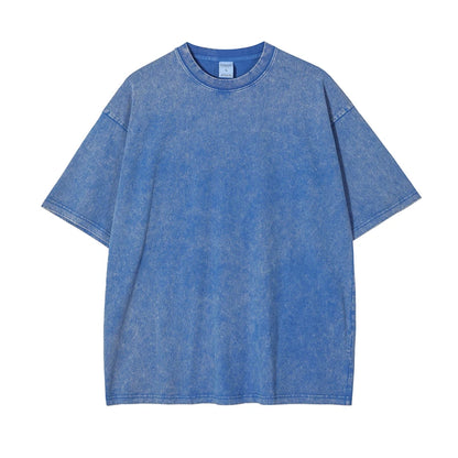 ZODF 2025 High Street Summer Washed Cotton Unisex Loose Retro Solid T-Shirt HY0113 - SKY BLUE / L / China Mainland