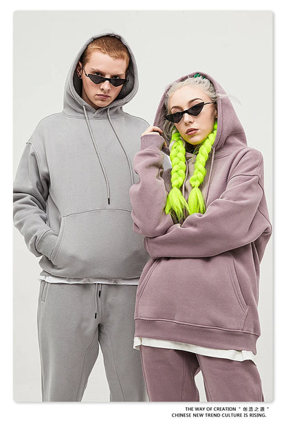 ZODF New Winter Men Basic Thick Fleece 345gsm Hoodies Casual Loose Hip Hop Unisex Hooded Sweatshirt Pullovers Tracksuits HY0010