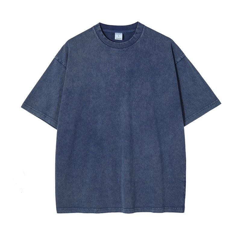 ZODF 2025 High Street Summer Washed Cotton Unisex Loose Retro Solid T-Shirt HY0113 - Blue / XL / China Mainland