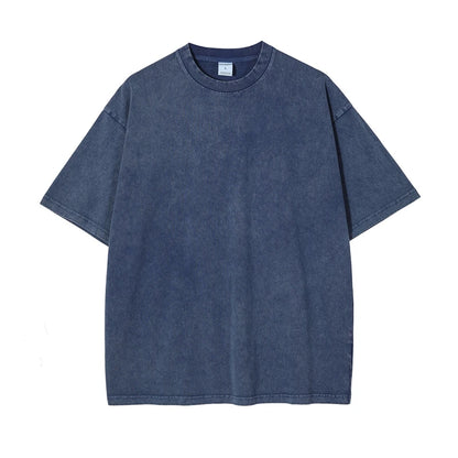 ZODF 2025 High Street Summer Washed Cotton Unisex Loose Retro Solid T-Shirt HY0113 - Blue / XL / China Mainland