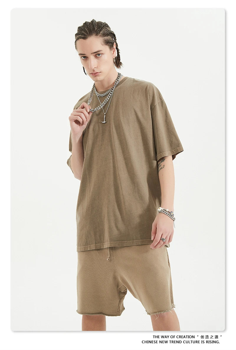 ZODF 2024 Summer Men 200gsm Washed Cotton Solid T Shirts Loose Unisex Male Casual Basic Comfortable T-Shirt Brand Tees HY0254